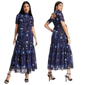 ASOS Hope & Ivy Maternity open back star print midi dress in cobalt  Size 8